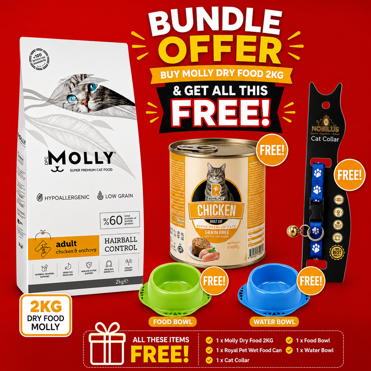 Molly Adult 2kg Chicken & anchovy Hairball Bundle + 4 FREE Gifts