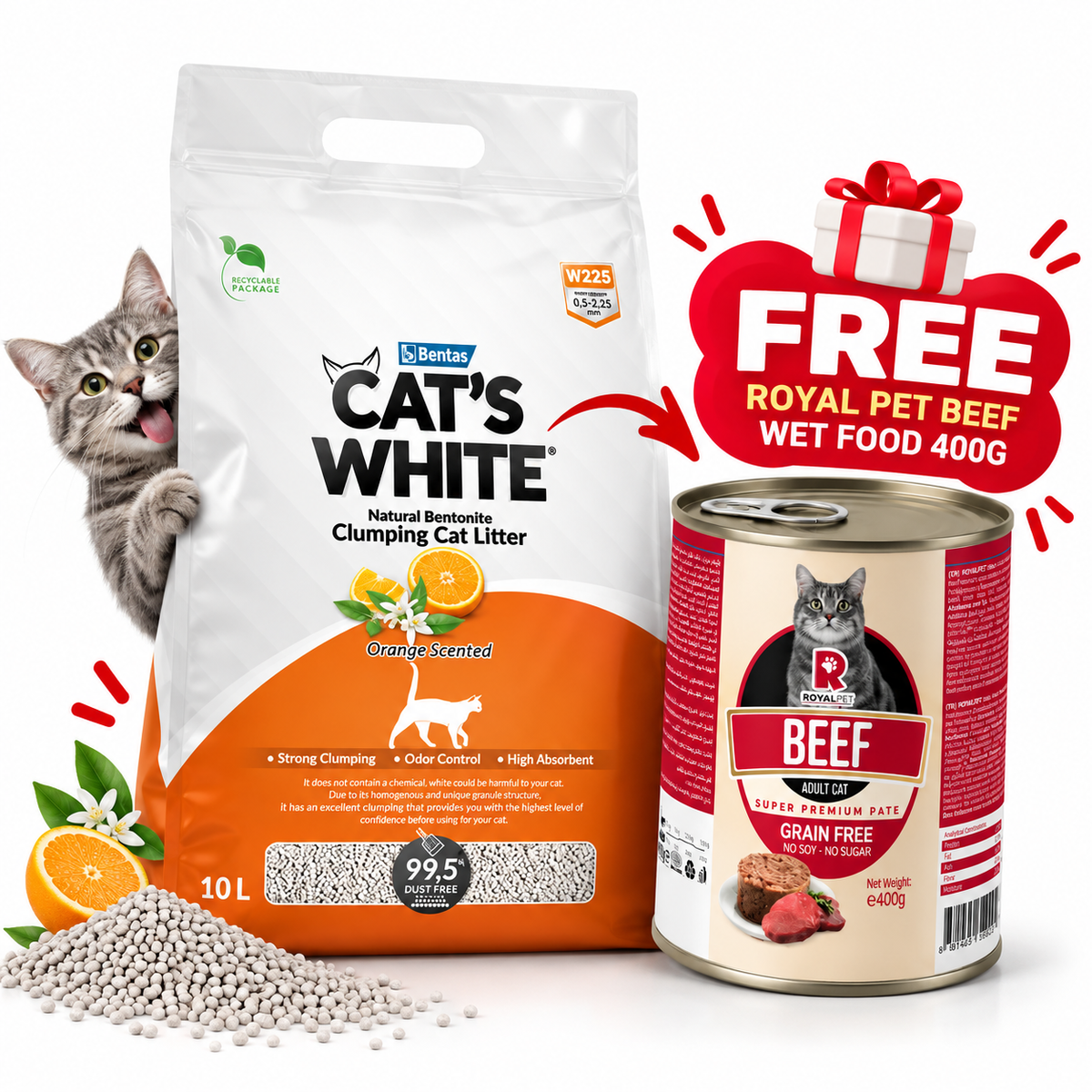 Cat’s White 10L Cat Litter + FREE Royal Pet Beef Wet Food 400g