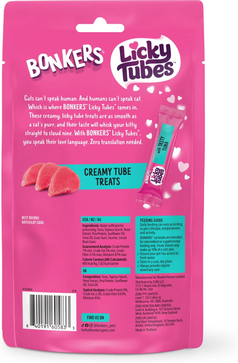 Bonkers Licky Tubes Grain-Free Wet Tuna Flavored Lickable Cat Treats, 4 tubes