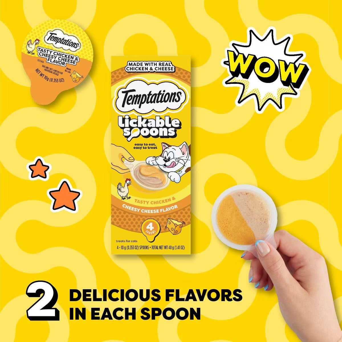 Temptations Lickable Spoons Tasty Chicken & Cheesy Cheese Cat Lickable Treats, .10G spoon, box of 8