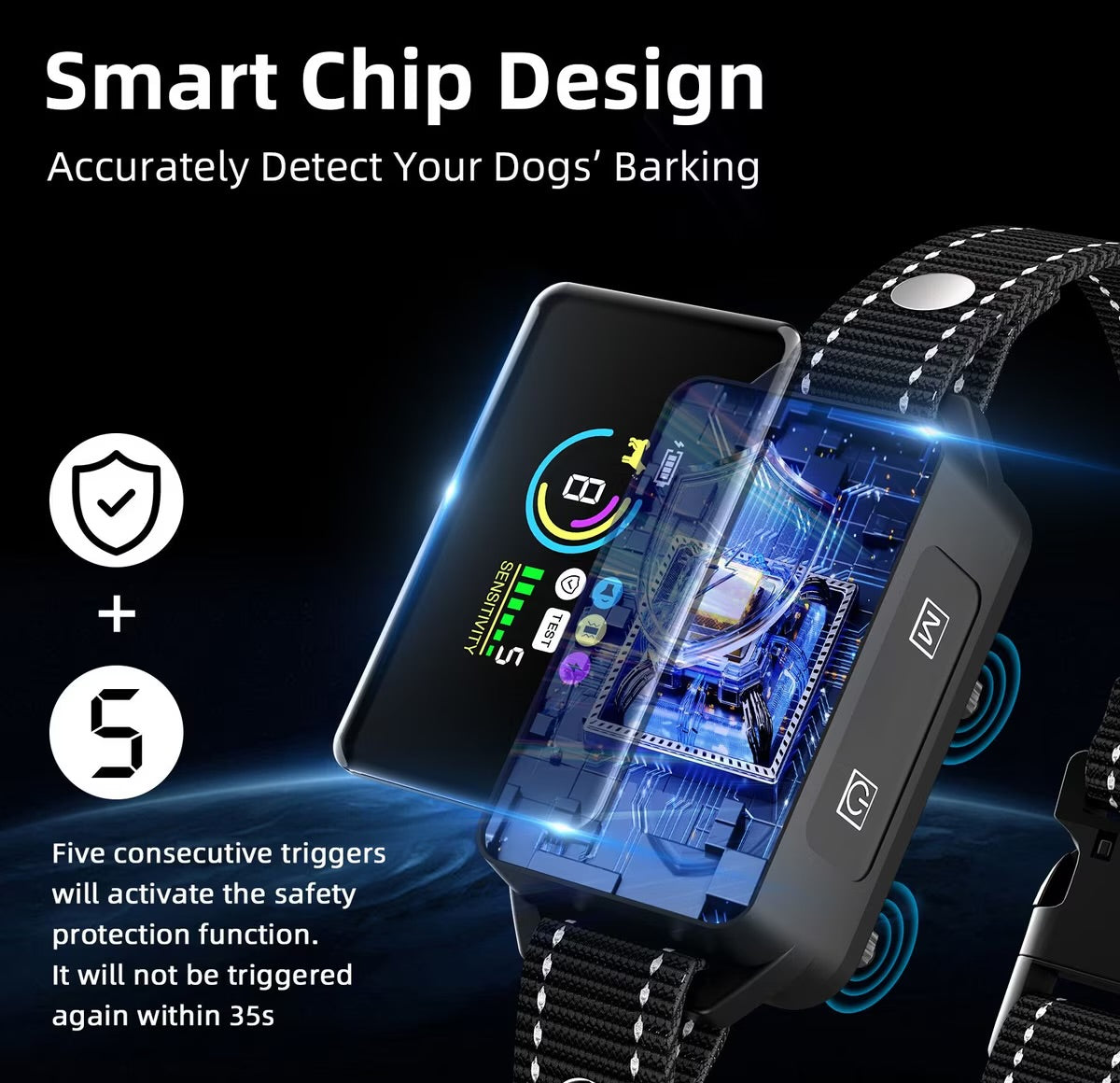 Bousnic Smart Bark Collar Waterproof Automatic Bark Control Dog Training Collar, Black