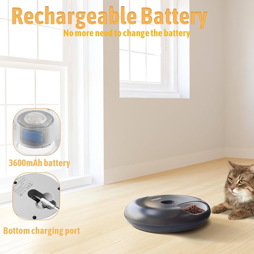 Wireless Automatic Cat Feeder with 4 Ice Packs,6-Compartment Feeding Tray,Rechargeable High-Capacity Battery Timer Cat Feeder,for Cats and Small Dogs - Black