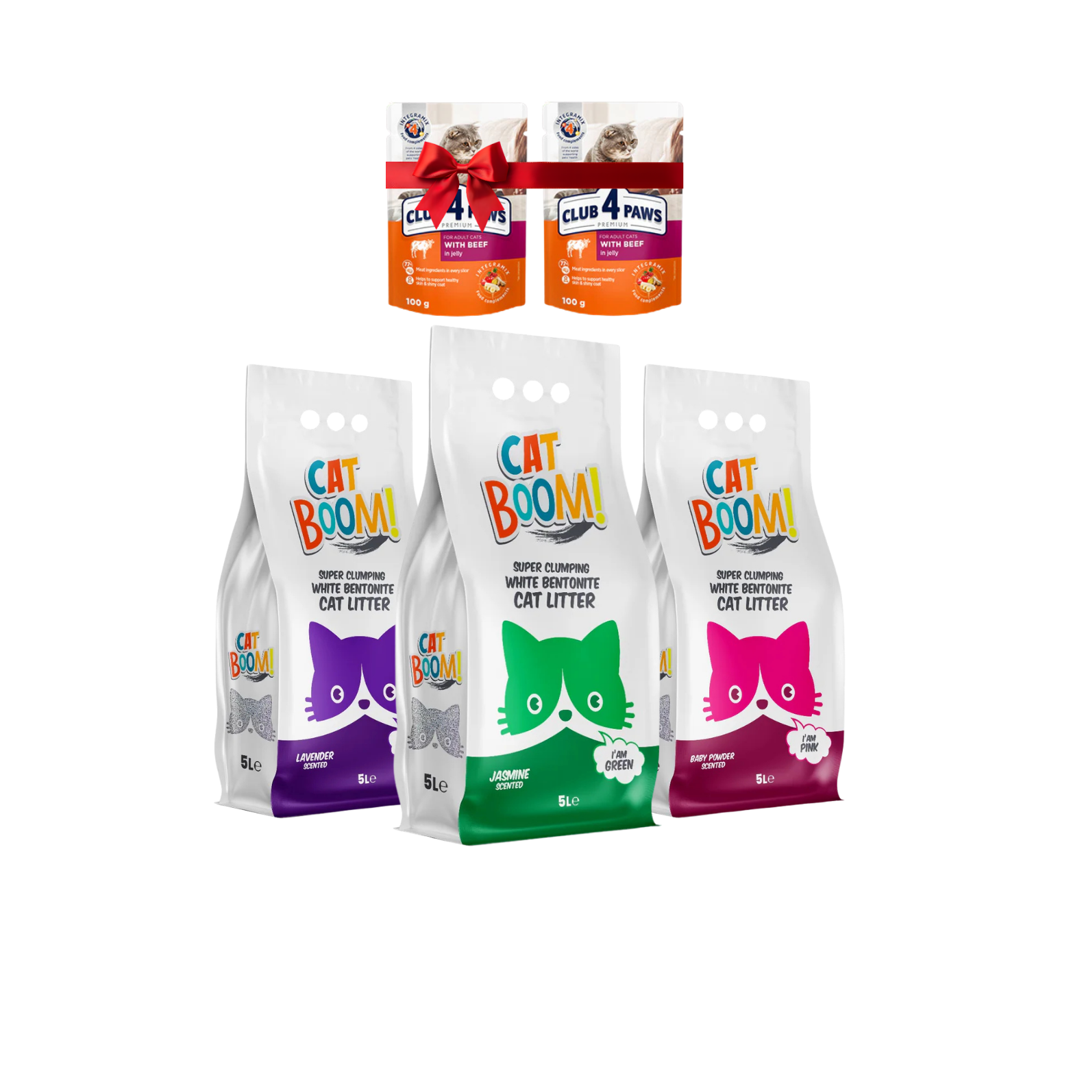 Cat Boom 5L Clumping Cat Litter Bundle β 3 Scents + 2 Free Club 4 Paws Beef Pouches