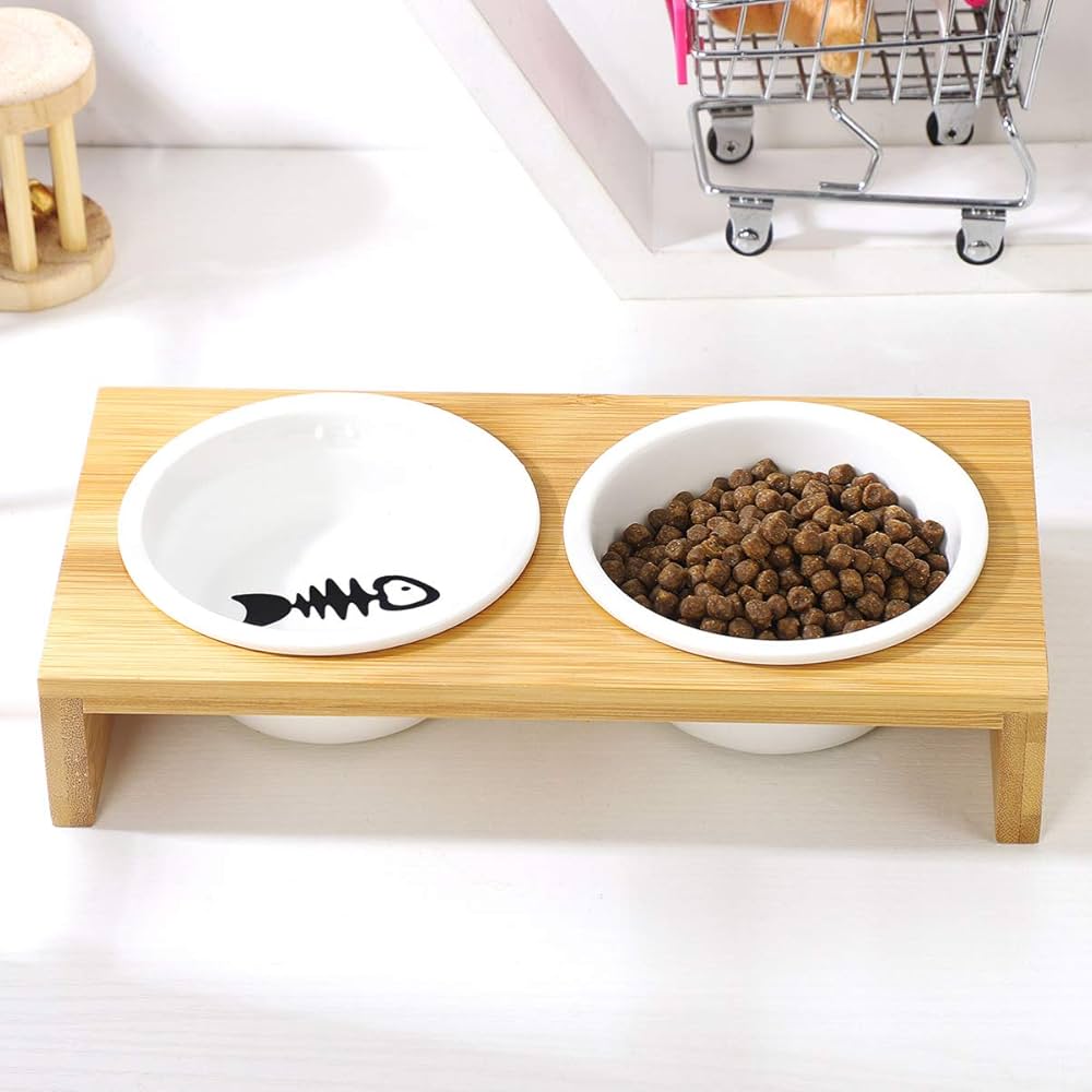 Double Ceramic Pet Bowls with Wooden Stand – Elegant Feeding Set for Cats & Small Dogs