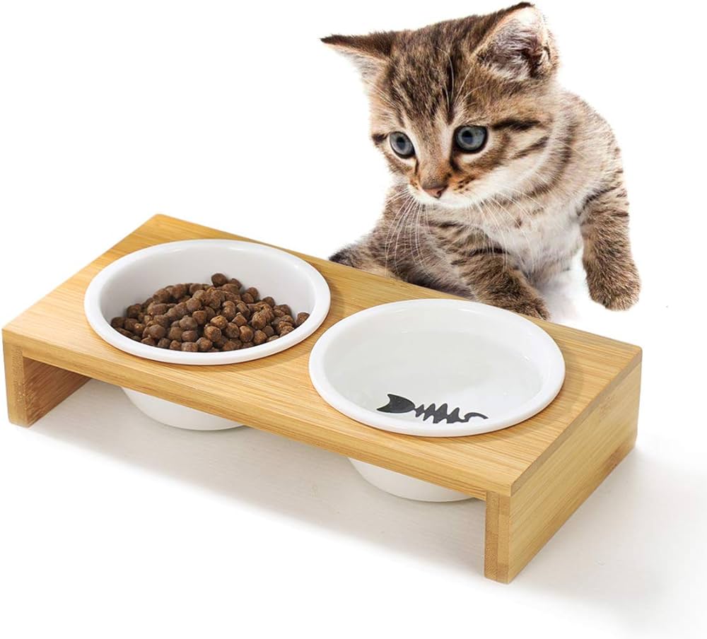Double Ceramic Pet Bowls with Wooden Stand – Elegant Feeding Set for Cats & Small Dogs