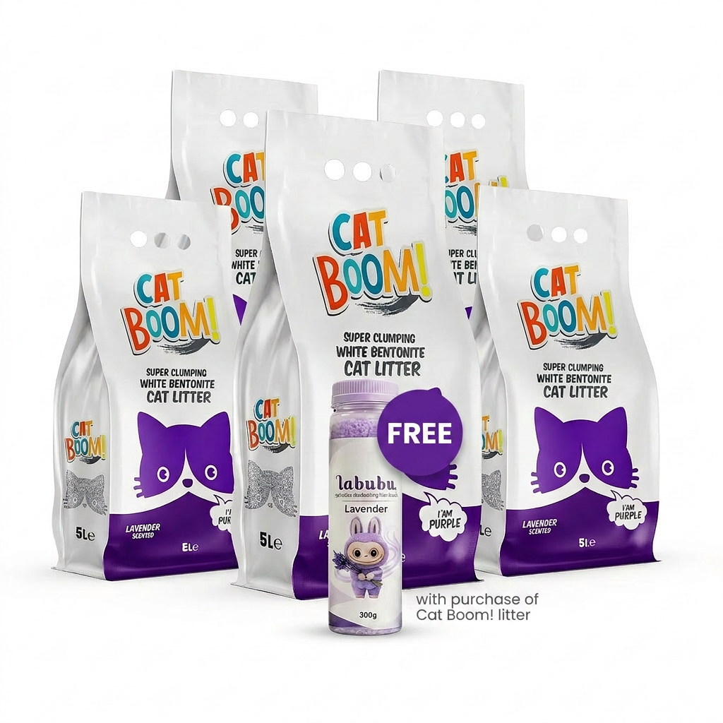 Cat Boom! Super Clumping Cat Litter (Lavender Scented) – 5L (Pack of 5) + Free Labubu Lavender Deodorizing Litter (300g)