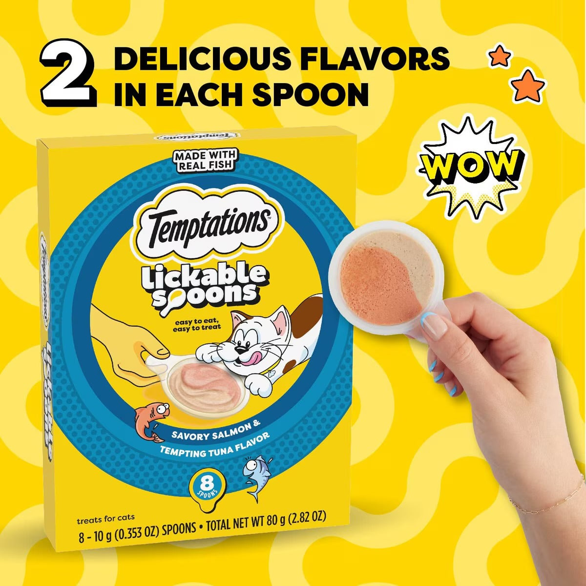 Temptations Lickable Spoons Salmon & Tuna Topper Lickable Cat Treats, 10G spoon, box of 8