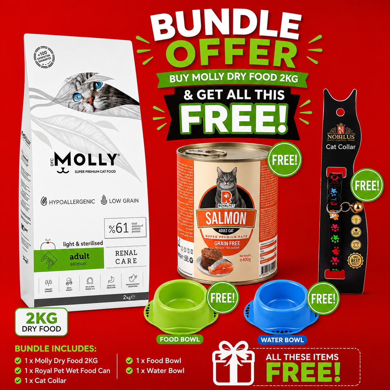 Molly Adult 2kg Salmon Renal Bundle + 4 FREE Gifts