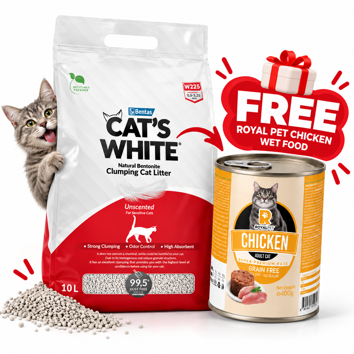 Cat’s White 10L Cat Litter + FREE Royal Pet Chicken Wet Food 400g