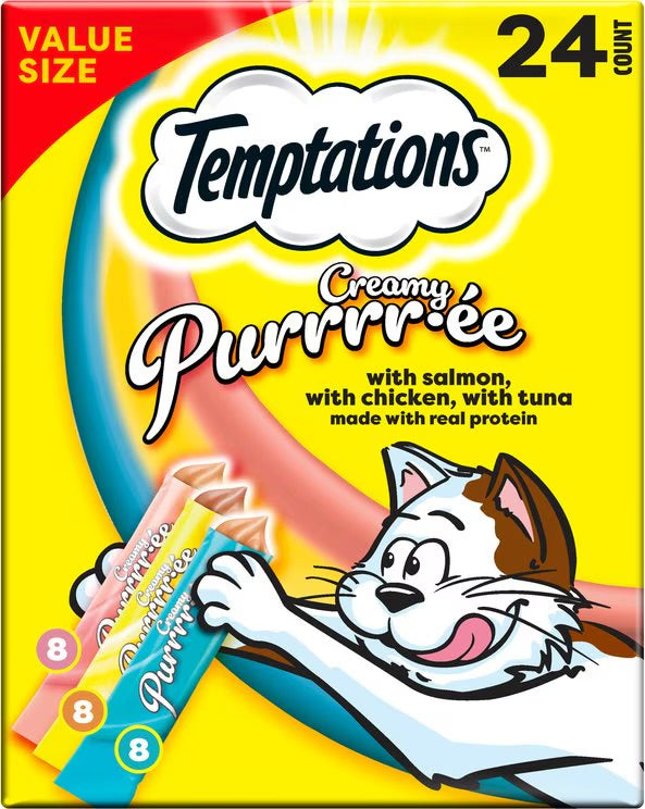 Temptations Creamy Puree Salmon, Chicken & Tuna Variety Pack Lickable Cat Treats, 0.425-oz tube, bundle of 24 pack