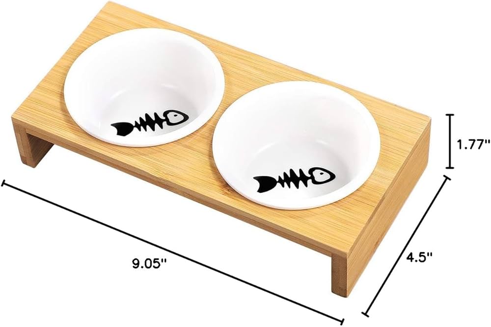 Double Ceramic Pet Bowls with Wooden Stand – Elegant Feeding Set for Cats & Small Dogs