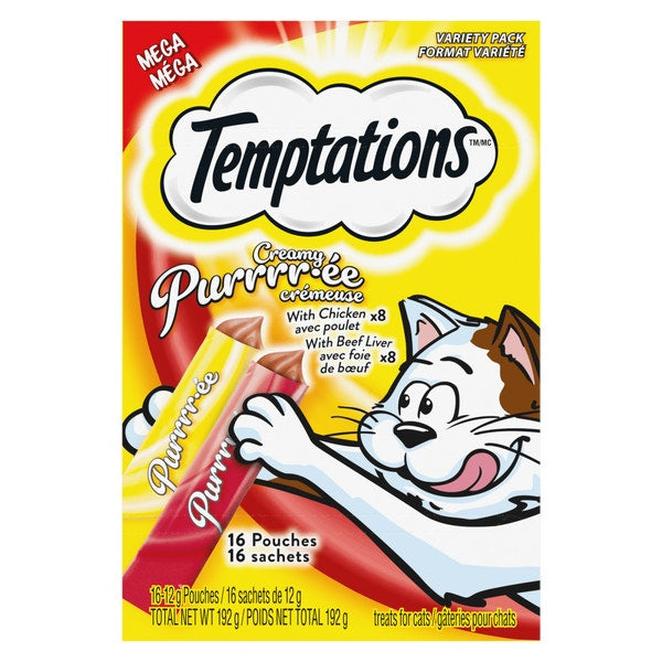 Temptations Creamy Puree Beef Liver & Chicken Variety Pack Lickable Cat Treats, 12G, 16 count