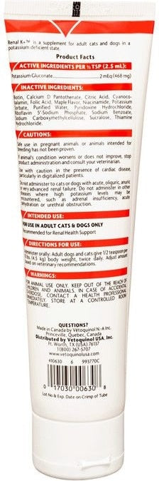 Vetoquinol Renal K+ Gel Kidney Supplement for Cats & Dogs, 142G Tube
