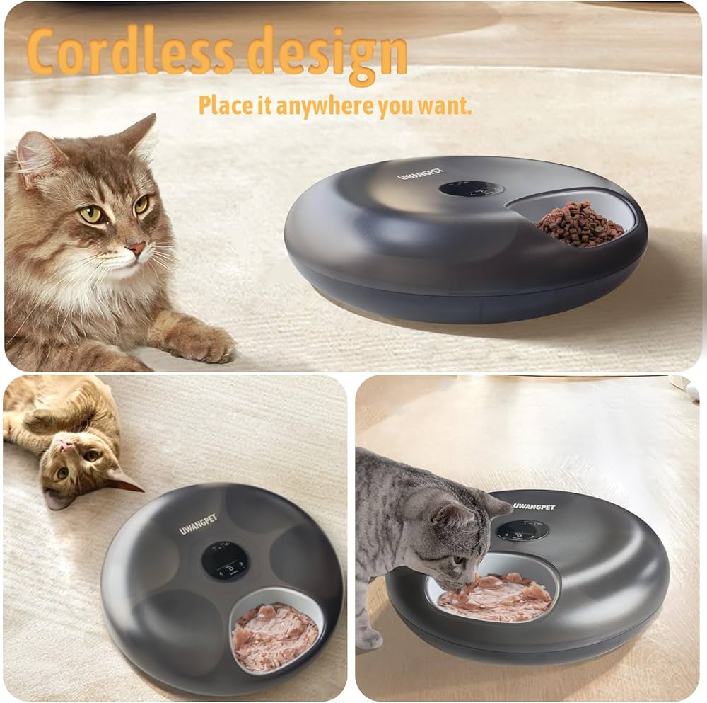 Wireless Automatic Cat Feeder with 4 Ice Packs,6-Compartment Feeding Tray,Rechargeable High-Capacity Battery Timer Cat Feeder,for Cats and Small Dogs - Black