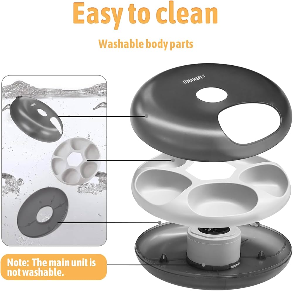 Wireless Automatic Cat Feeder with 4 Ice Packs,6-Compartment Feeding Tray,Rechargeable High-Capacity Battery Timer Cat Feeder,for Cats and Small Dogs - Black