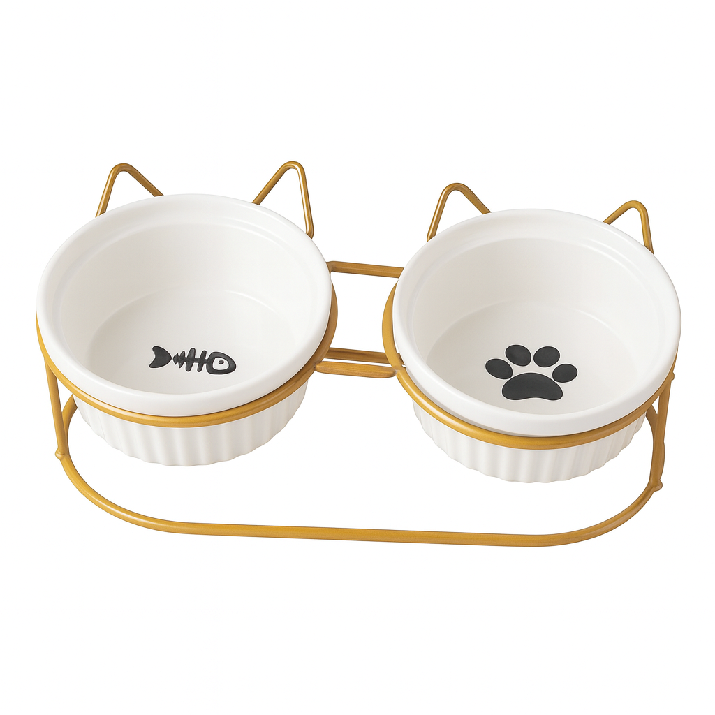 Double Ceramic Pet Bowl with Golden Metal Stand – For Small Dogs & Cats