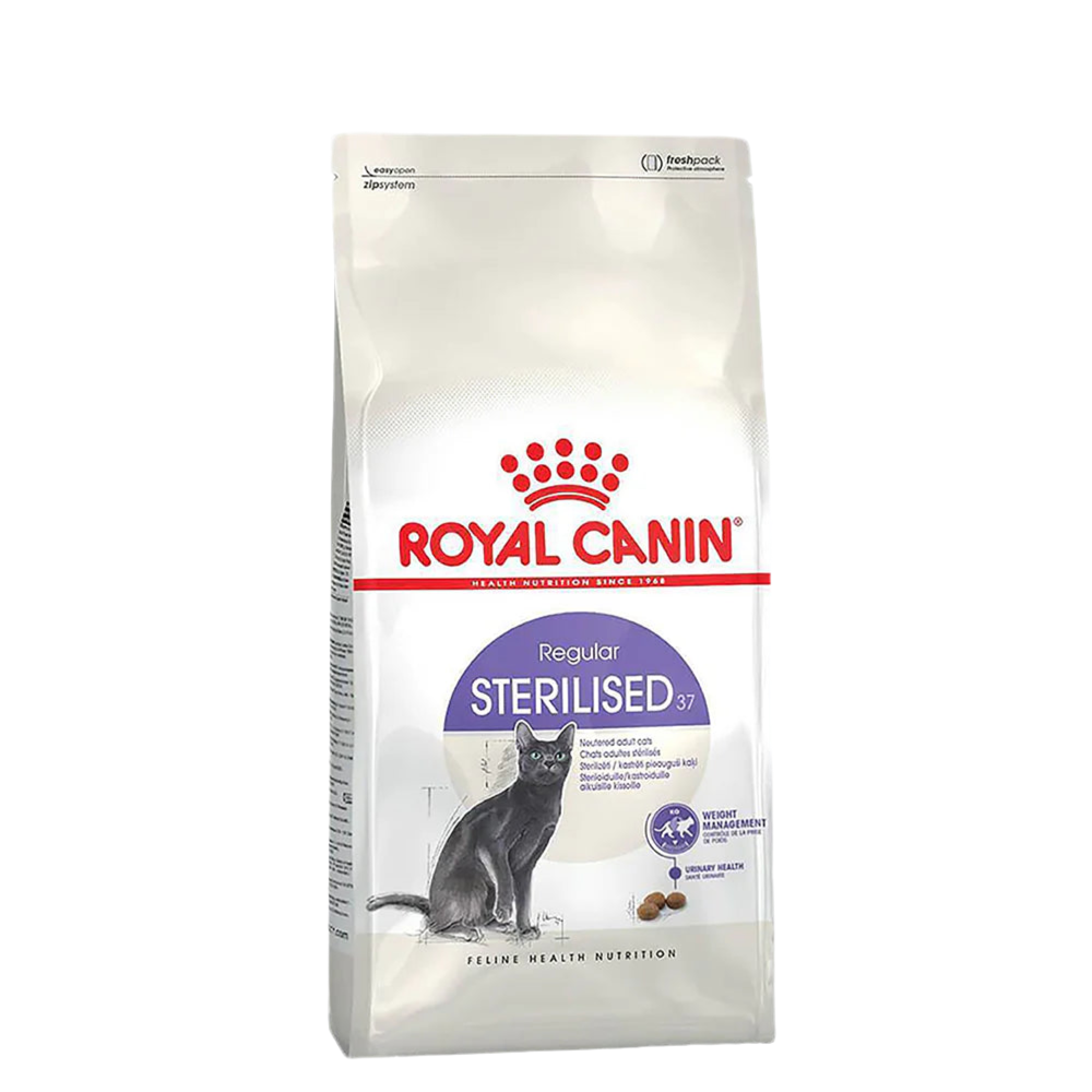 • Royal Canin Sterilised 37 Dry Cat Food 2kg front packaging
• Royal Canin Sterilised 37 kibble texture close-up