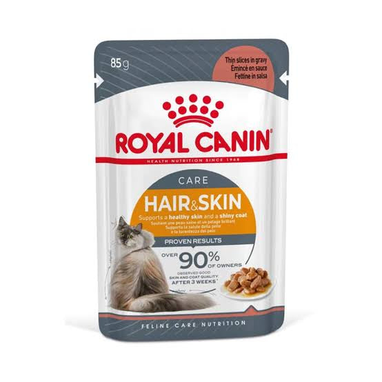 • Royal Canin Hair & Skin Care Wet Cat Food 85g pouch front
• Wet cat food gravy for skin and coat support
• Royal Canin Hair & Skin wet food in gravy pack