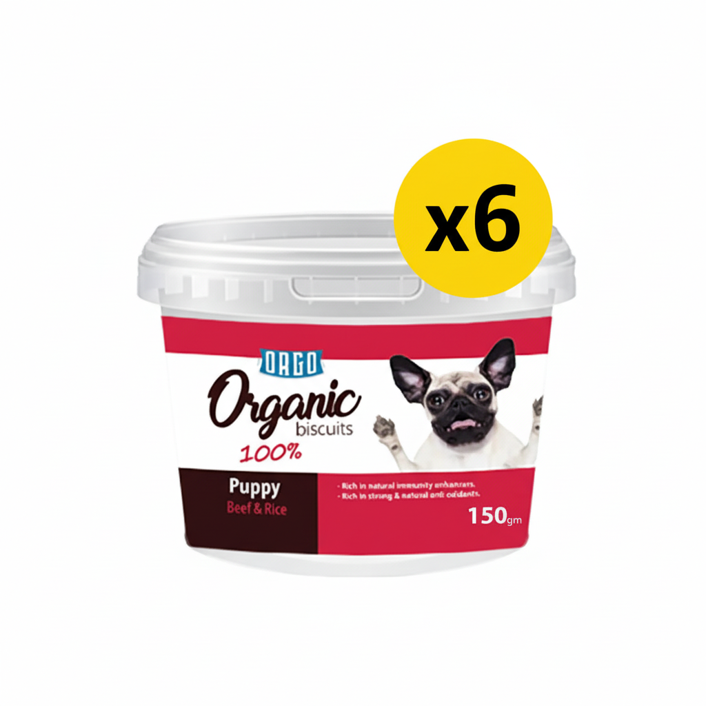 Orgo Organic Puppy Biscuits - 100% Natural Beef & Rice (150g x 6-Pack) - Buy 6, Pay for 5!