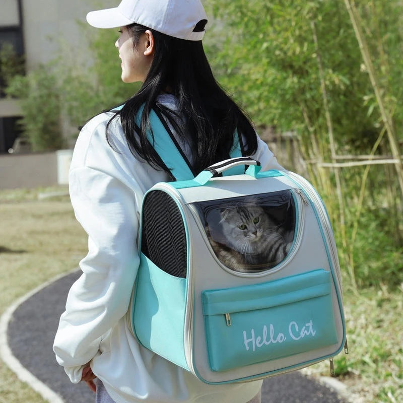 Hello Cat Portable Travel Pet Backpack – Comfortable Foldable Breathable Double Shoulder Bag for Cats & Small Dogs