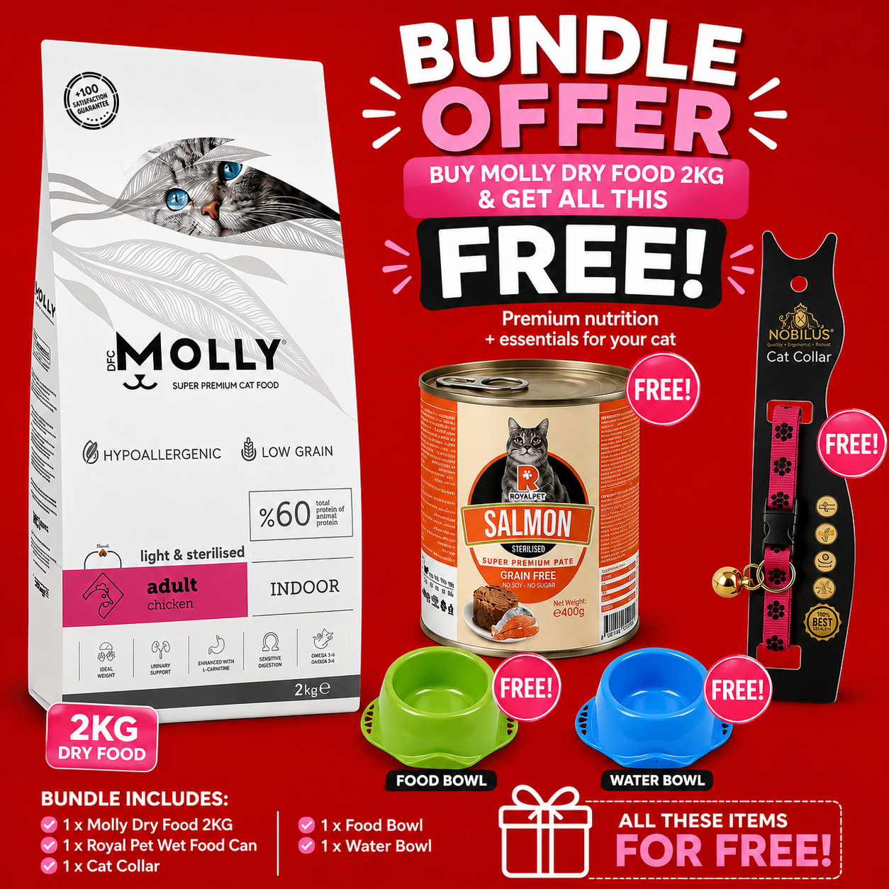 Molly Light & Sterilised Adult Salmon 2kg Bundle + 4 FREE Gifts