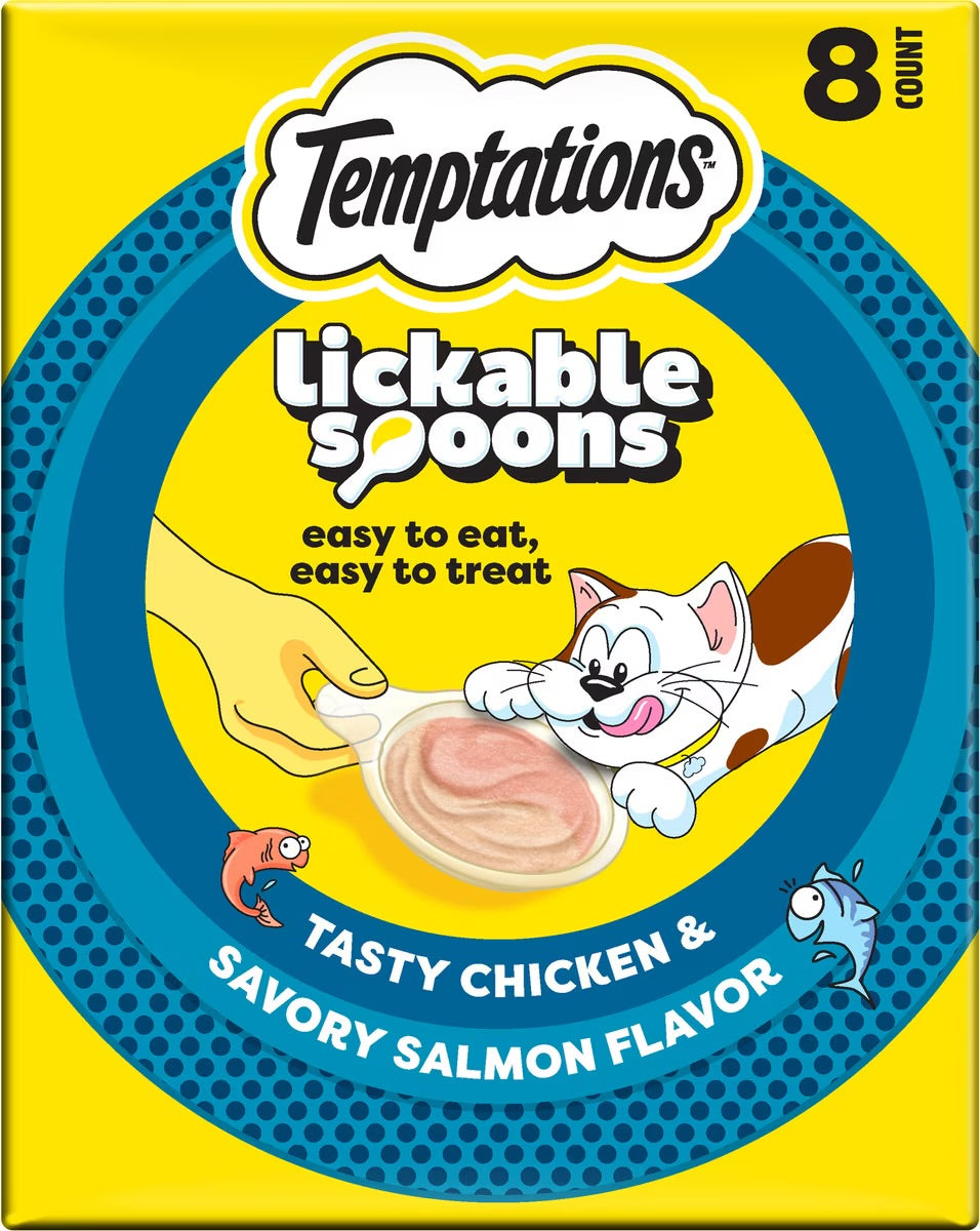 Temptations Lickable Spoons Salmon & Tuna Topper Lickable Cat Treats, 10G spoon, box of 8