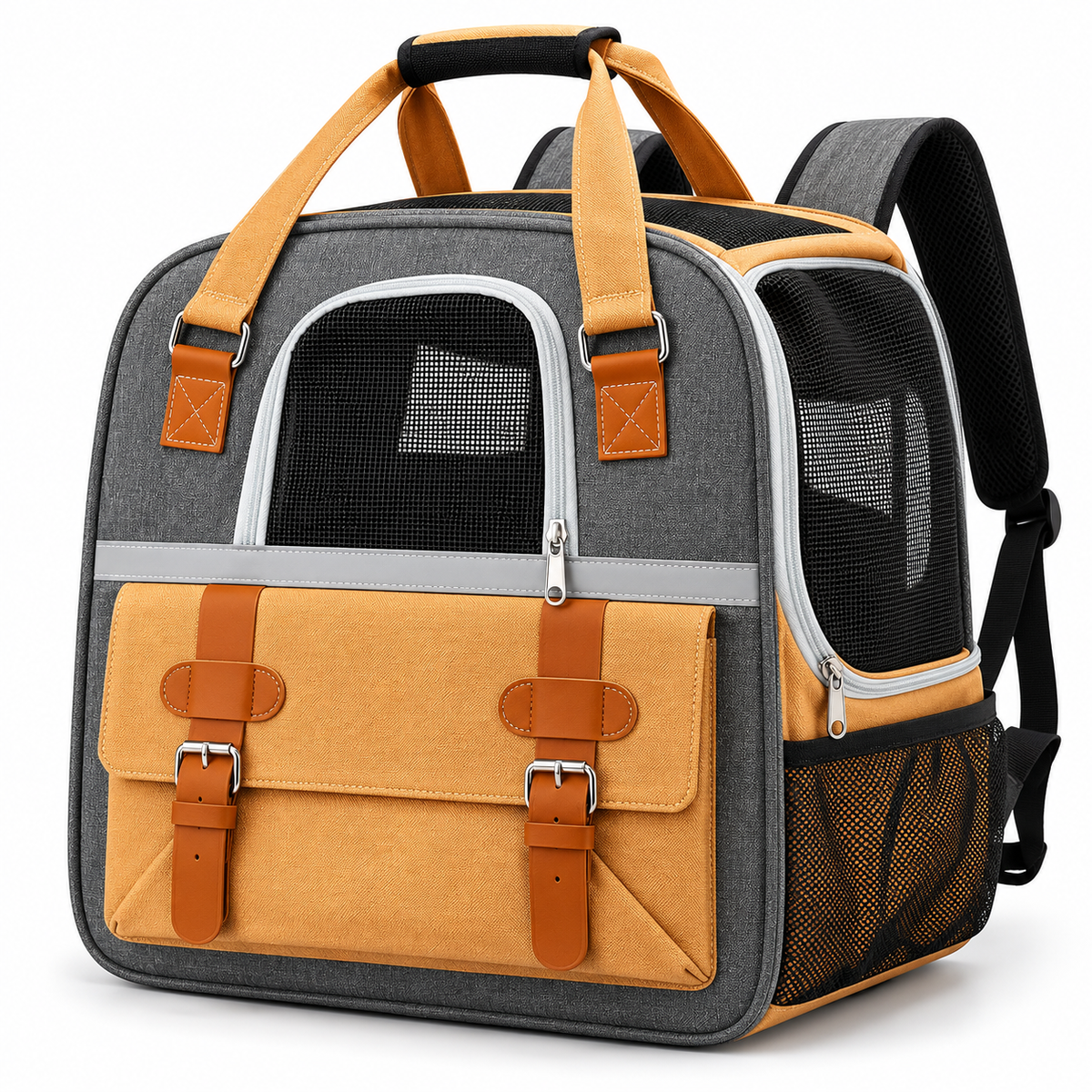 Premium Pet Carrier Backpack for Cats & Small Dogs – Grey & Tan