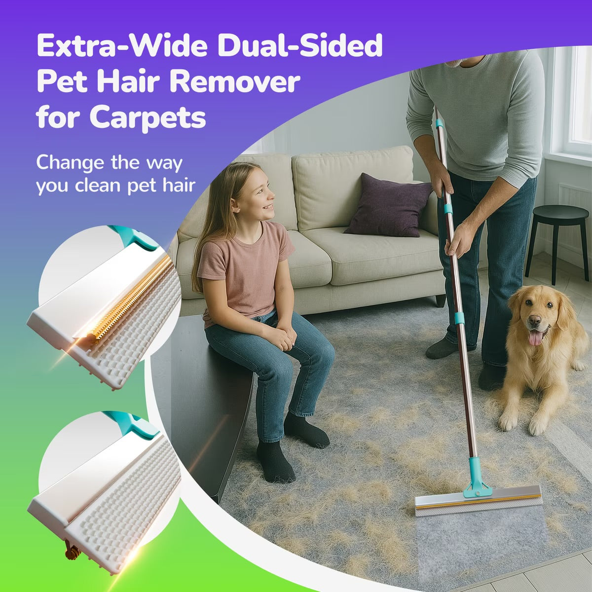 Fido Fave Dual-Sided Pet Hair Removal Carpet Rake, Blue