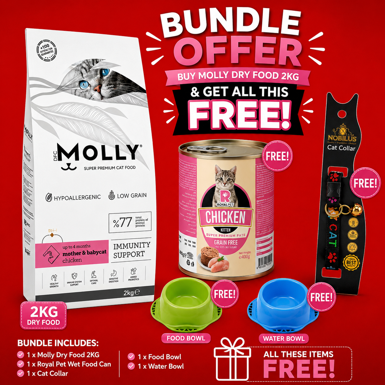 Molly Mother & Babycat Chicken 2kg Bundle + 4 FREE Gifts