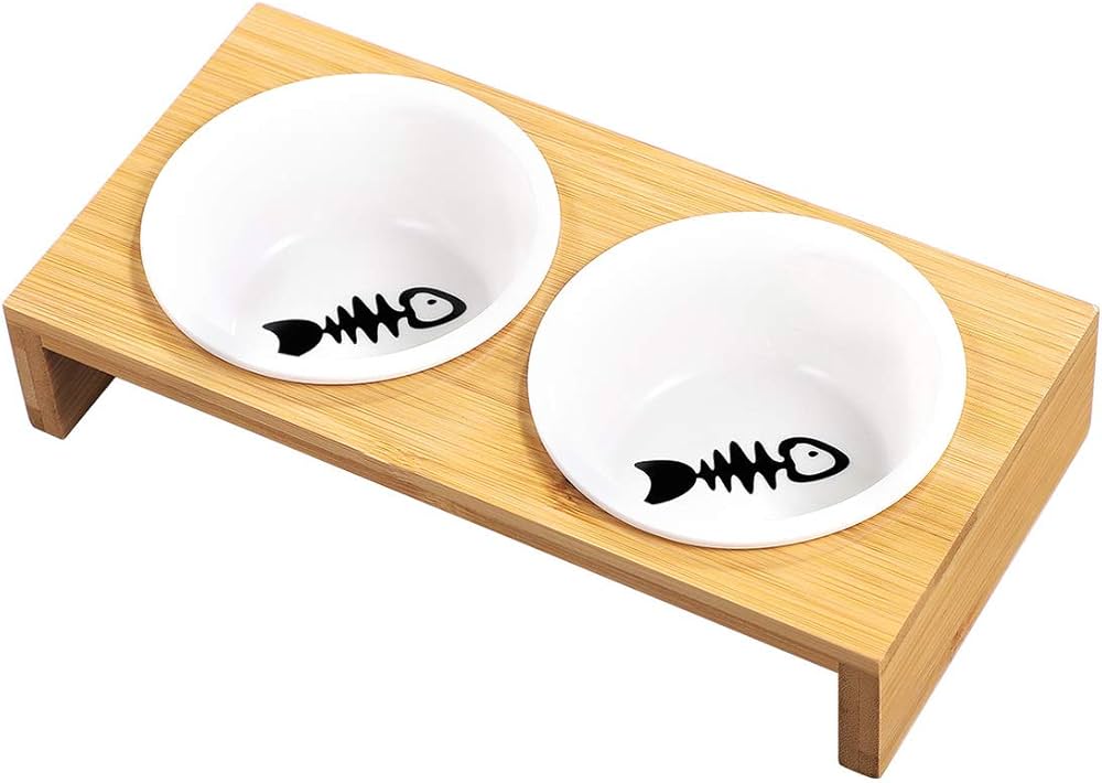 Double Ceramic Pet Bowls with Wooden Stand – Elegant Feeding Set for Cats & Small Dogs