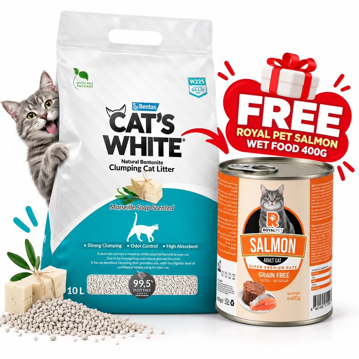 Cat’s White 10L Cat Litter + FREE Royal Pet Salmon Wet Food 400g