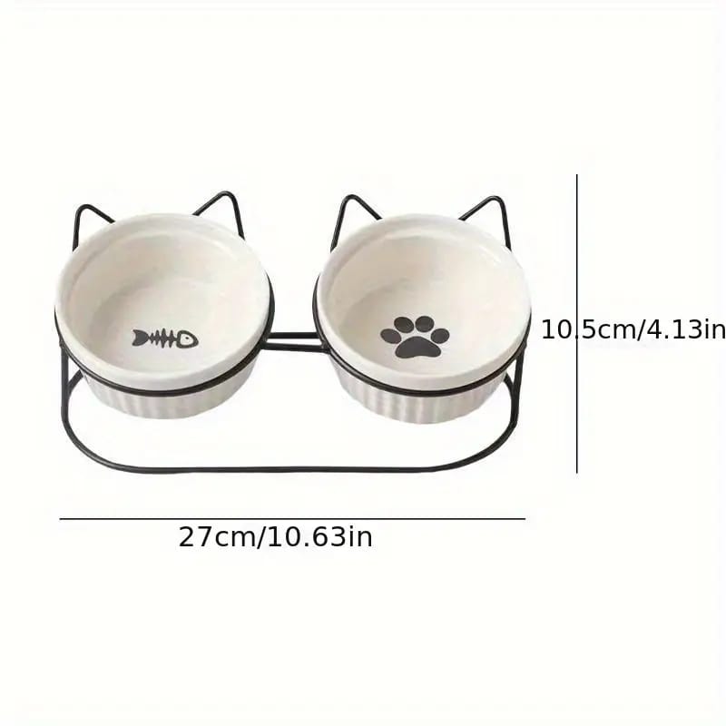 Double Ceramic Pet Bowl with Golden Metal Stand – For Small Dogs & Cats