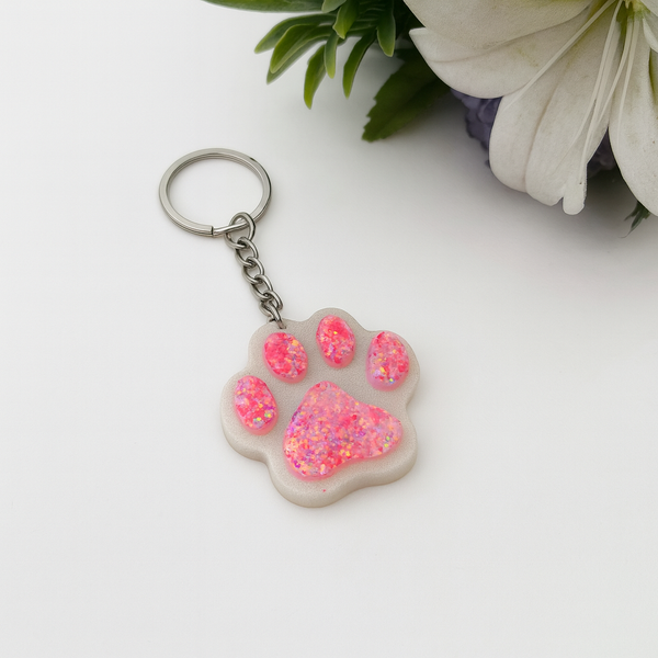 Pink & White Glitter Paw Keychain – Stylish Accessory for Pet Parents