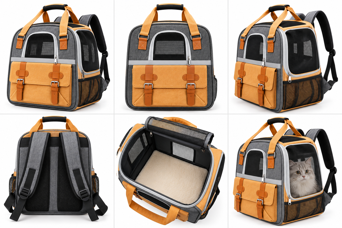 Premium Pet Carrier Backpack for Cats & Small Dogs – Grey & Tan