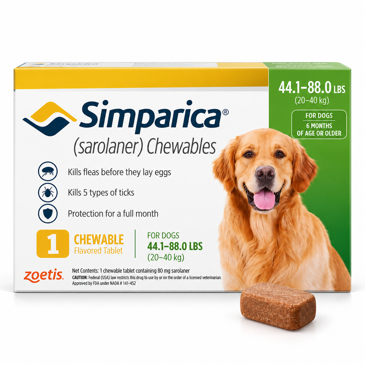 Simparica (Sarolaner) 80mg for Dogs 20–40kg – 1 Chewable Tablet