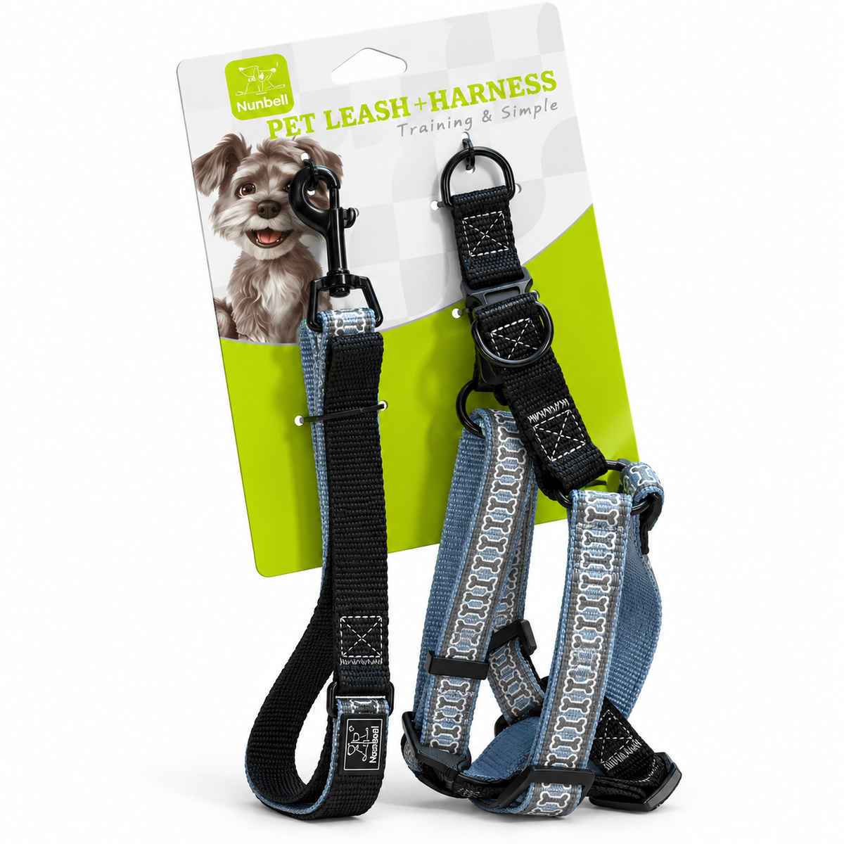 Nunbell Reflective Adjustable Dog Harness & Leash Set XL – Grey & Black
