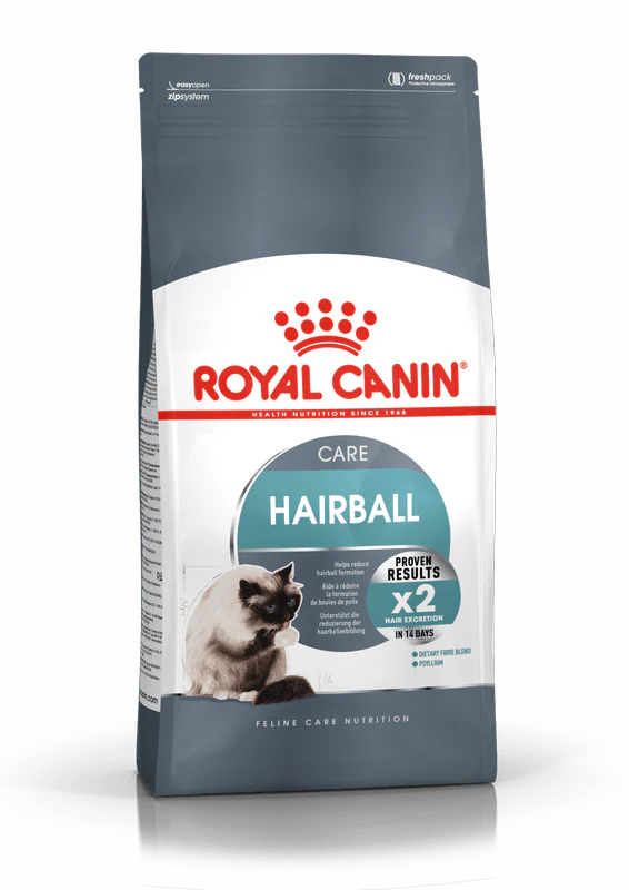 •	Royal Canin Hairball Care Dry Cat Food 400g packaging front
	•	Hairball Care kibble fiber blend for digestion