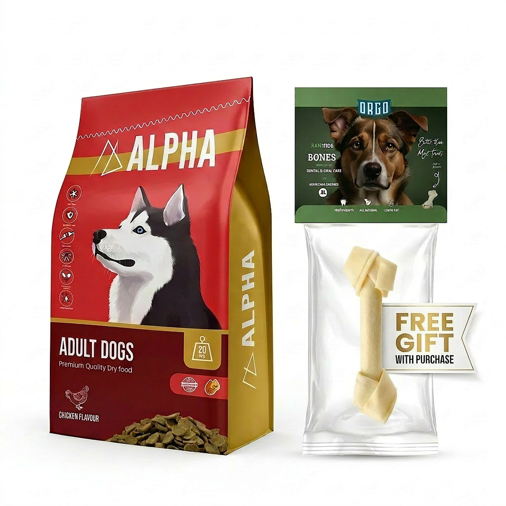 Alpha Premium Quality Dry Dog Food for Adult Dogs (Chicken Flavour) + Free Orgo Dental Chew Bone Gift