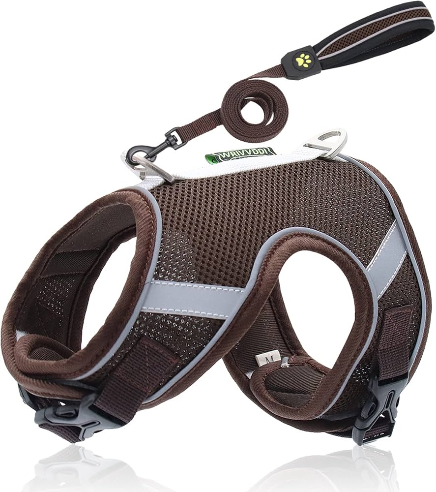 Adjustable Breathable Dog & Cat Harness with Leash M – Brown | No-Pull Reflective Pet Harness