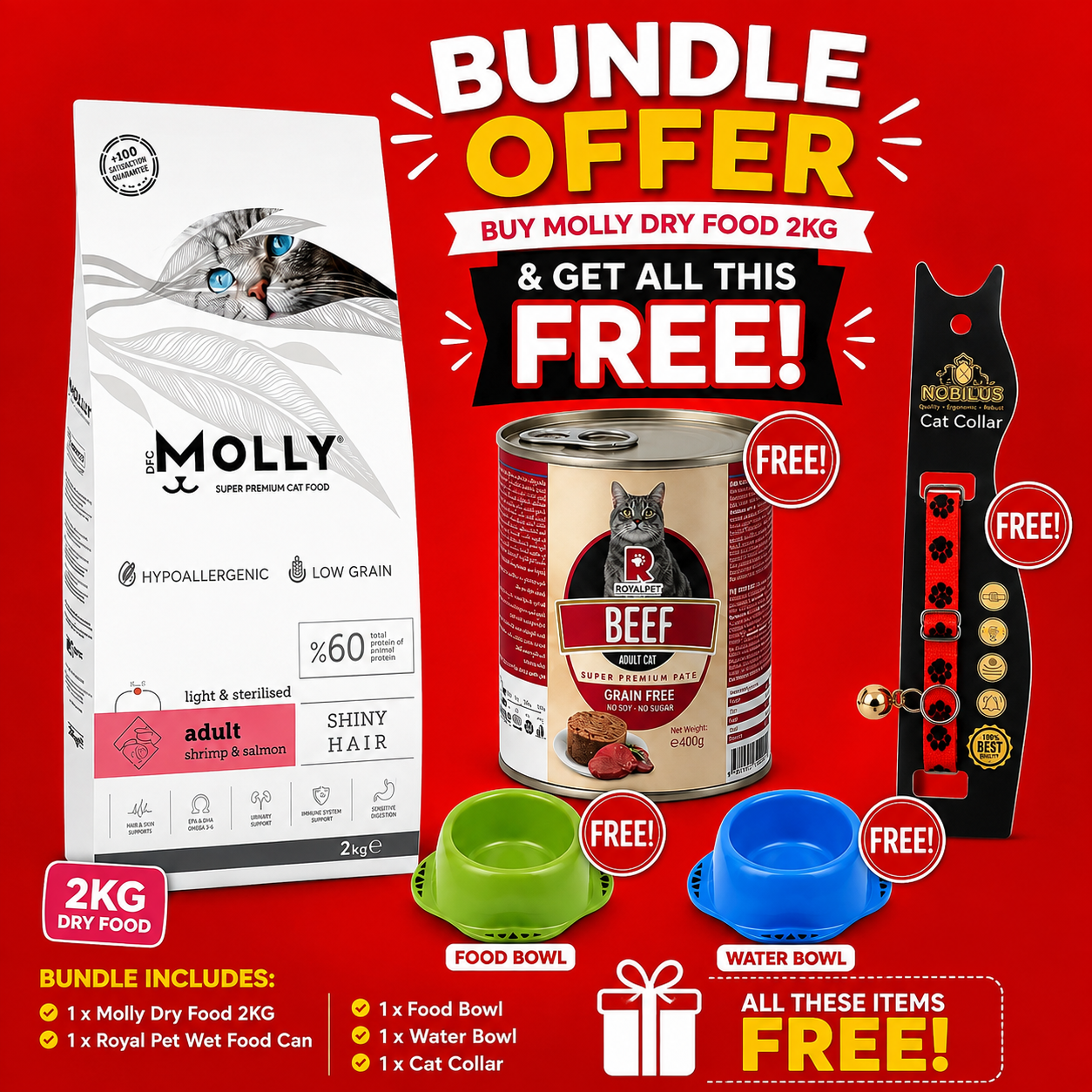 Molly Adult Shrimp & Salmon 2kg Bundle + 4 FREE Gifts