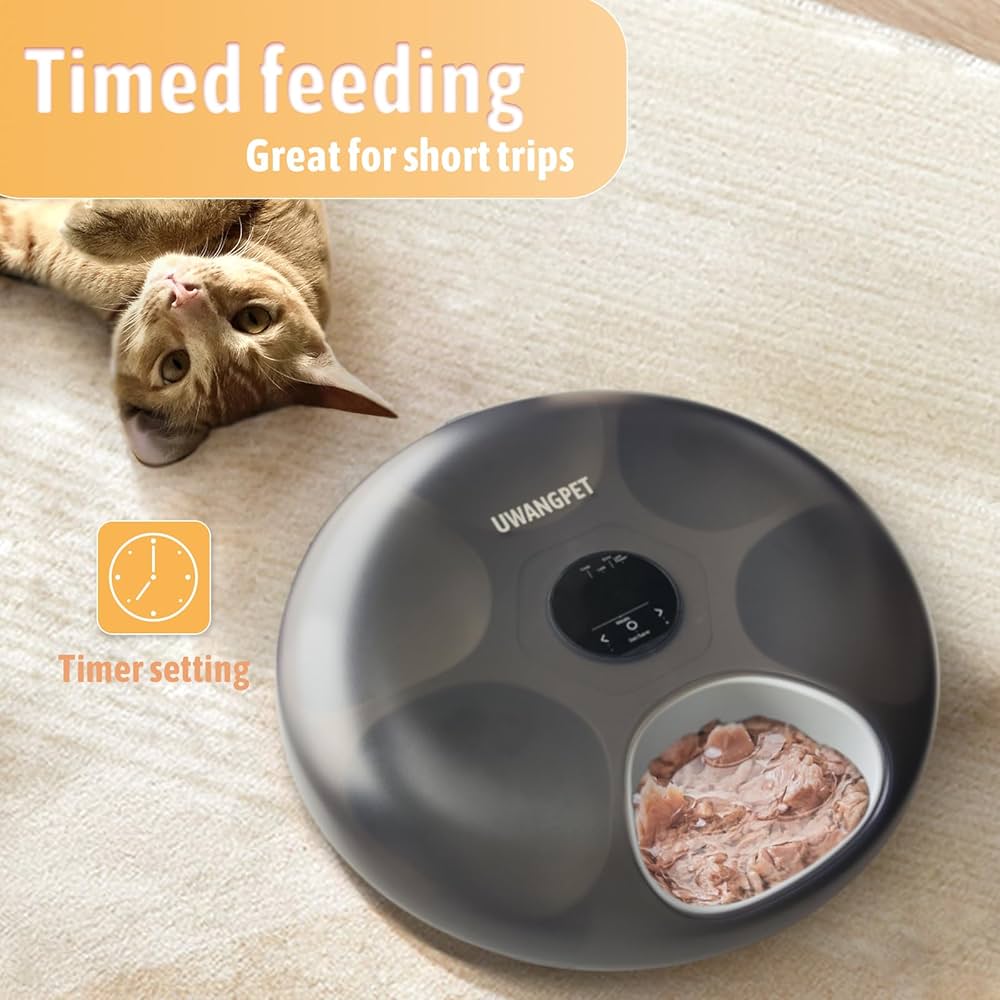Wireless Automatic Cat Feeder with 4 Ice Packs,6-Compartment Feeding Tray,Rechargeable High-Capacity Battery Timer Cat Feeder,for Cats and Small Dogs - Black