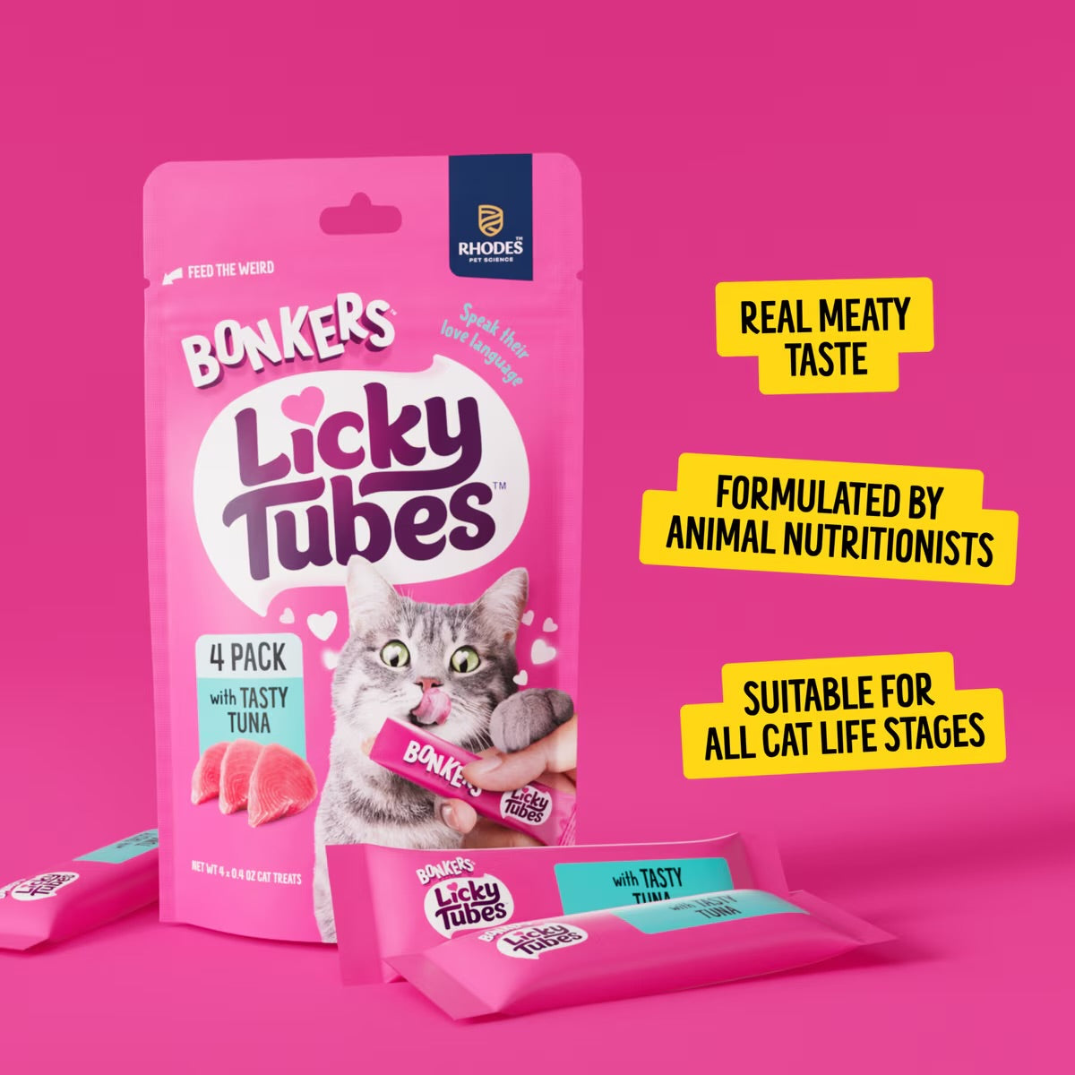Bonkers Licky Tubes Grain-Free Wet Tuna Flavored Lickable Cat Treats, 4 tubes
