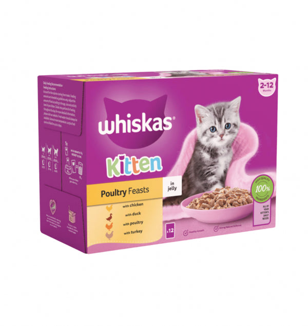 WHISKAS® Kitten 2-12 Months Poultry Feasts in Jelly Wet Kitten Food Pouches 12 x 85g