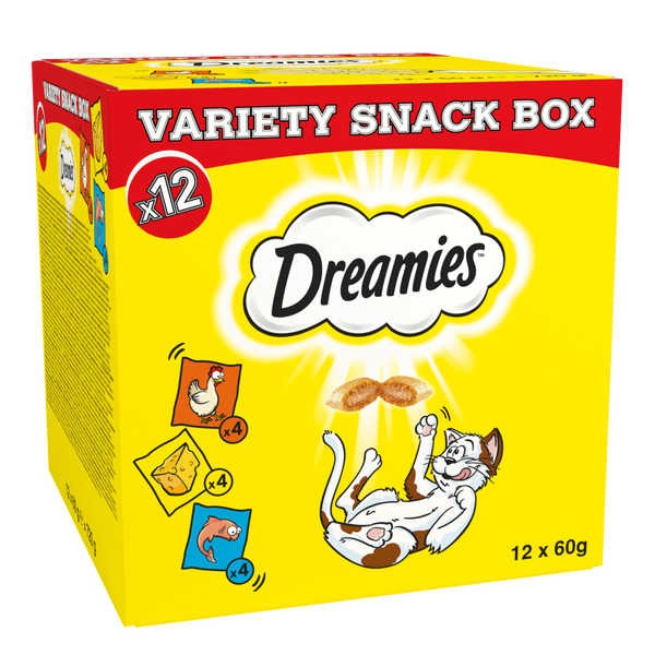 DREAMIES™ Variety Snack Box With Tasty Chicken, Delicious Cheese & Scrumptious Salmon Flavour, 12 x 60g - PetYard