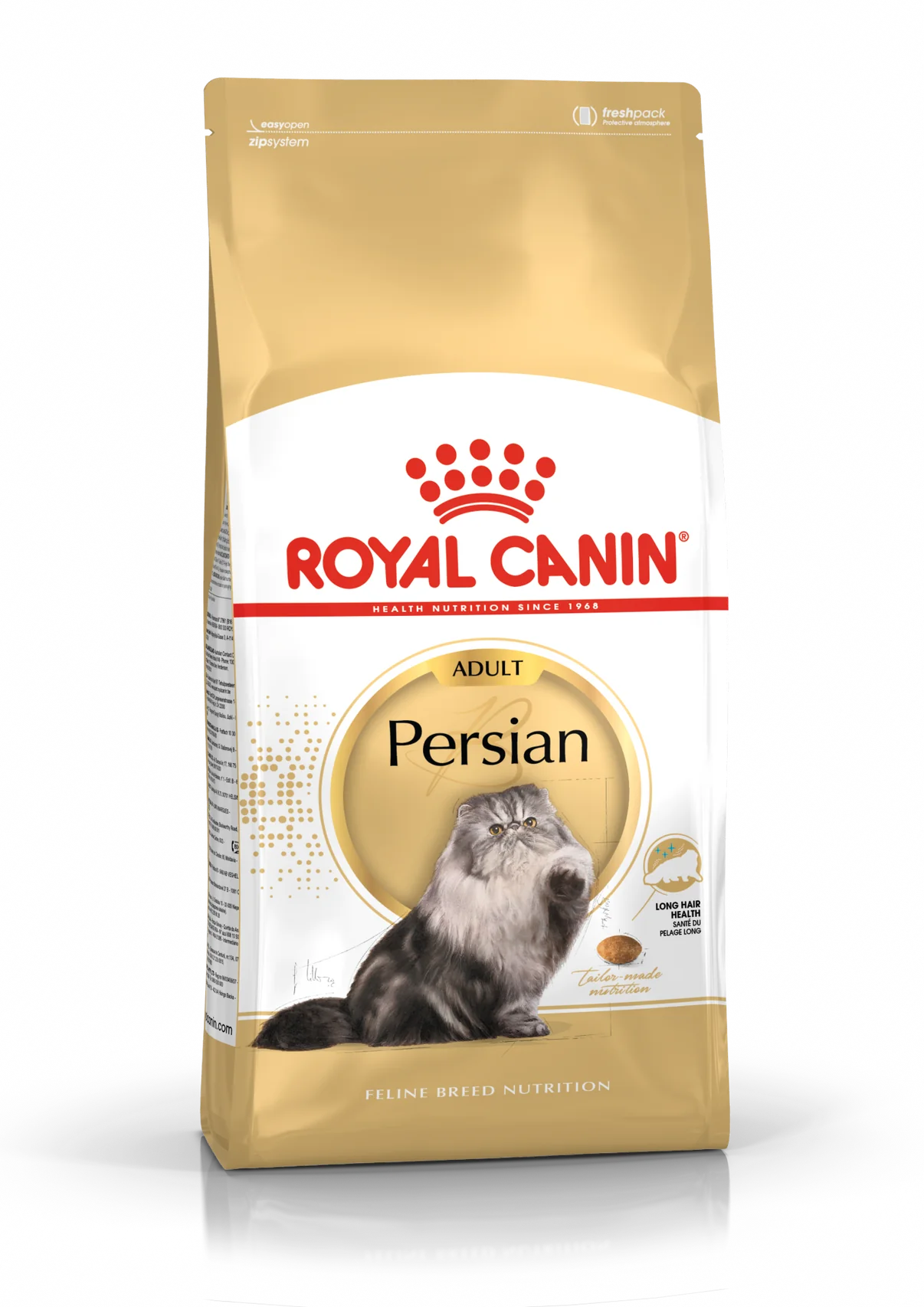 A package of Royal Canin Persian Adult cat food, showing a picture of a Persian cat on the front.