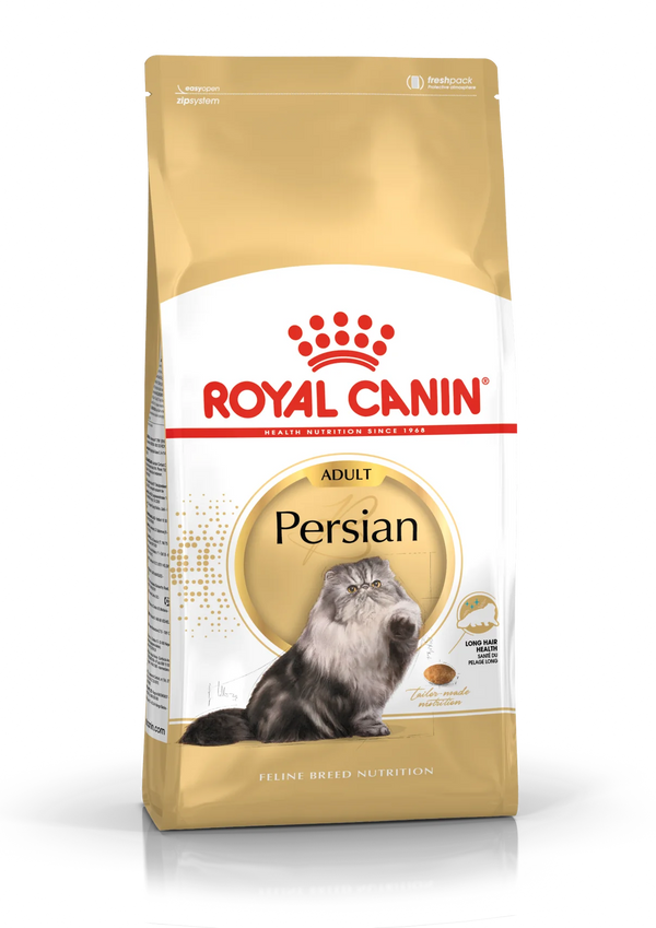 A package of Royal Canin Persian Adult cat food, showing a picture of a Persian cat on the front.